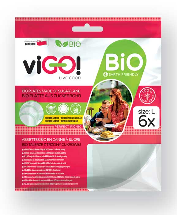 ViGO! BIO talíř z cukrové třtiny kulatý 22 cm, 6 ks v PLA sáčku QUICKPACK 7316010