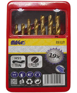 Sada vrtáků HSS do kovu (19ks/1,0-10,0mm) TITAN, plastové pouzdro MAGG 26119