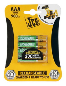 RTU NiMH AAA/R03, 900mAh, přednabitá baterie, blistr 4 ks JCB JCB-HR31000RC-4B