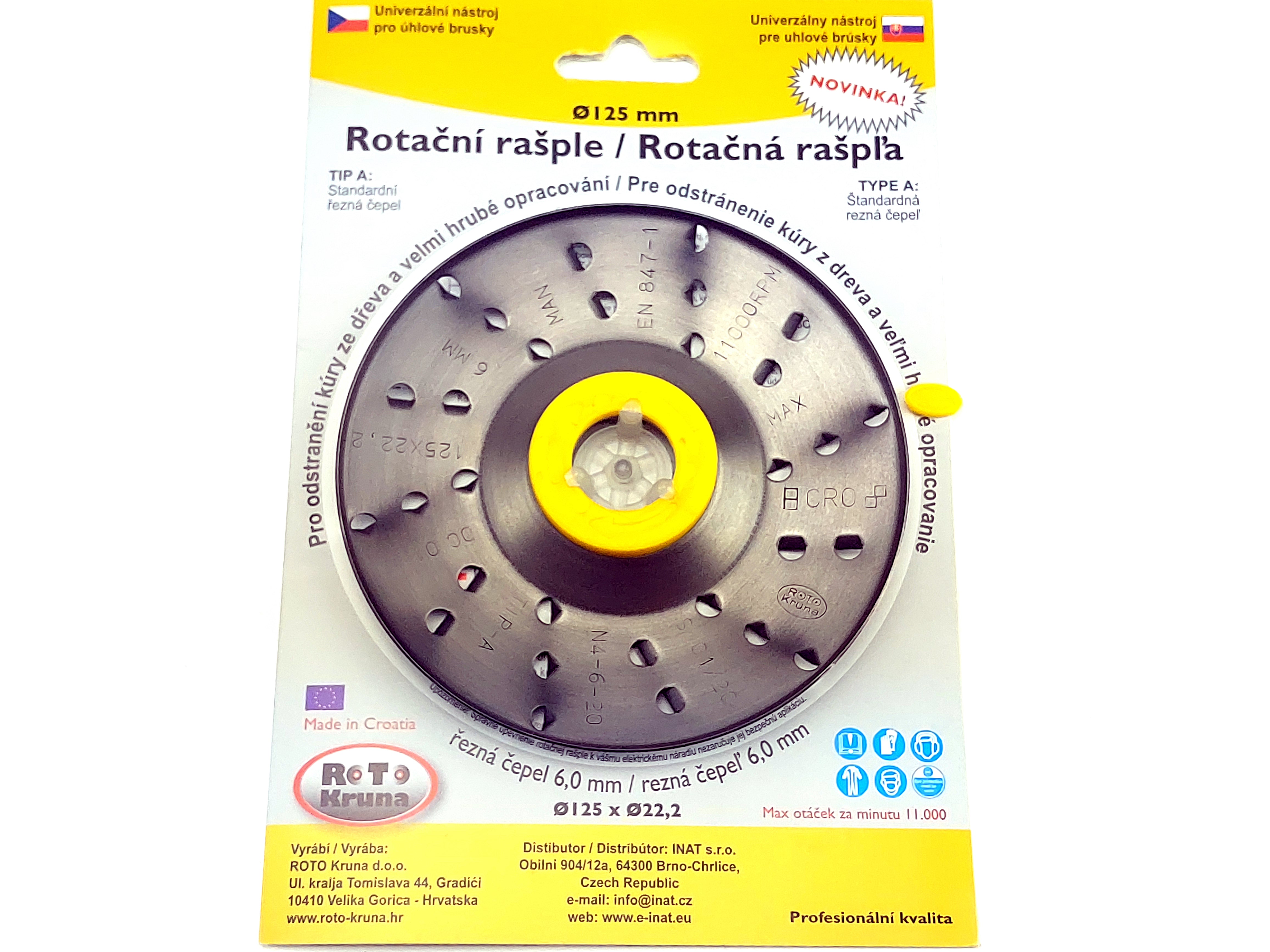 Rotační rašple do úhlové brusky 125x22,2mm - extra hrubá čepel 6,0mm, typ A ROTO Kruna ROTO1256A