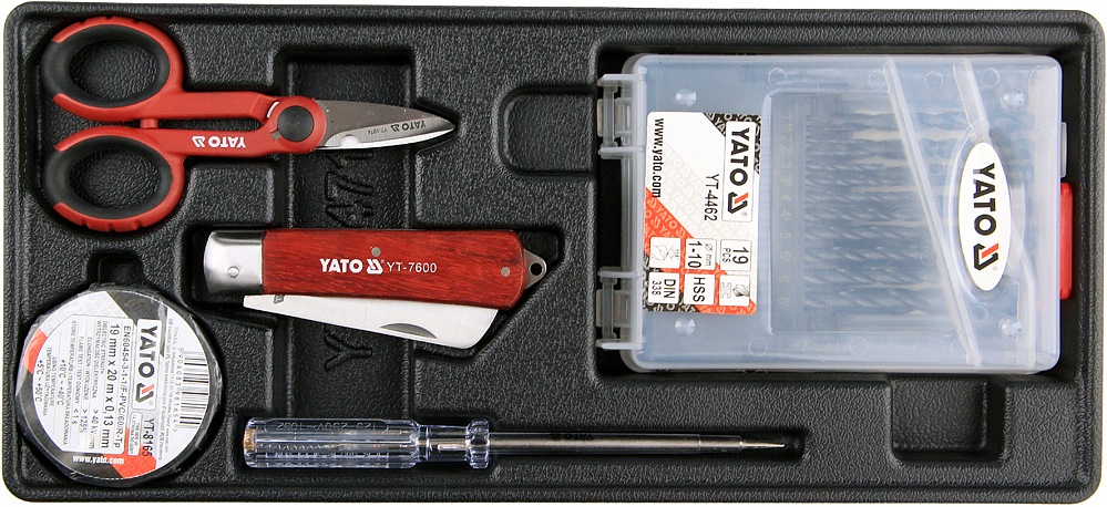 Vložka do zásuvky - izol. páska, zkoušečka, nůžky, montážní nůž,sada vrtáků 1-10mm Yato YT-55471 + Dárek, servis bez starostí v hodnotě 300Kč