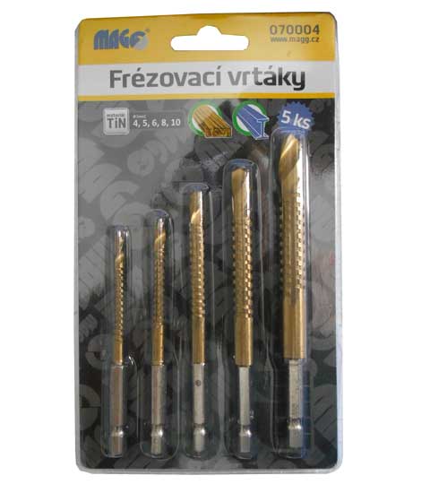 Frézovací vrtáky na dřevo a plast TiN sada - 5 ks (4,5,6,8,10mm) MAGG 070004