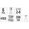 Sada vrtáků do železa HSS-TiN 6ks 2-8mm Yato YT-44673