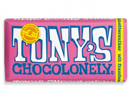 Tony’s Chocolonely – bílá čokoláda, maliny a praskající cukr, 180 gramů