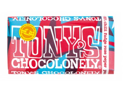 Tony’s Chocolonely – hořká čokoláda, chilli fondán a růžový pepř, 180 gramů