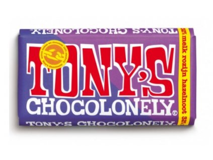Tony’s Chocolonely – mléčná čokoláda, lískové oříšky a rozinky, 180 gramů