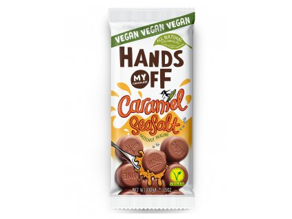 Hands off my chocolate – veganská mléčná čokoláda, lískooříšková pasta, karamel a mořská sůl, 100 gramů
