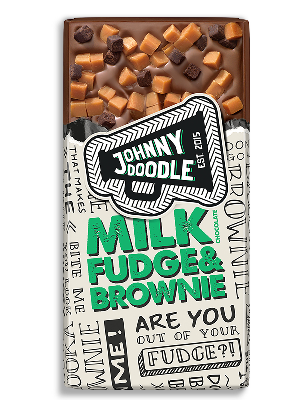 Johnny Doodle – mléčná čokoláda, fondán a brownies, 150 gramů