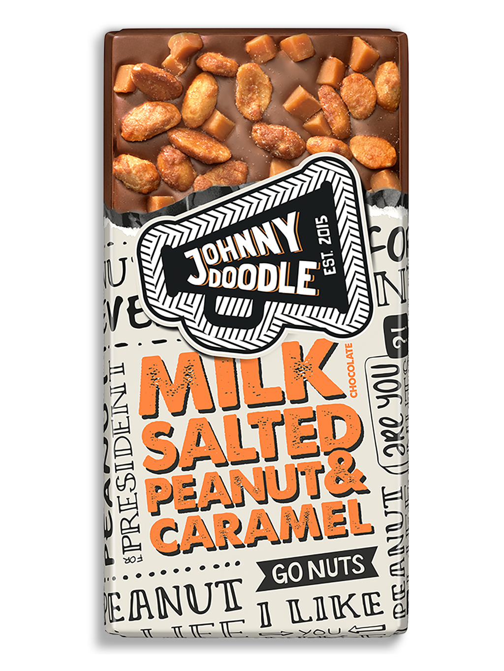 Johnny Doodle – mléčná čokoláda, slané arašídy a karamel, 150 gramů
