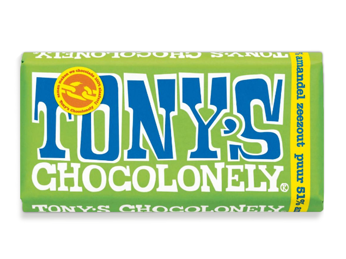 Tony’s Chocolonely – hořká čokoláda, mandle a mořská sůl, 180 gramů