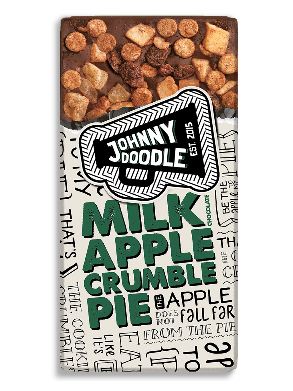 Johnny Doodle - mléčná čokoláda, jablko a drobenkový koláč, 150 gramů