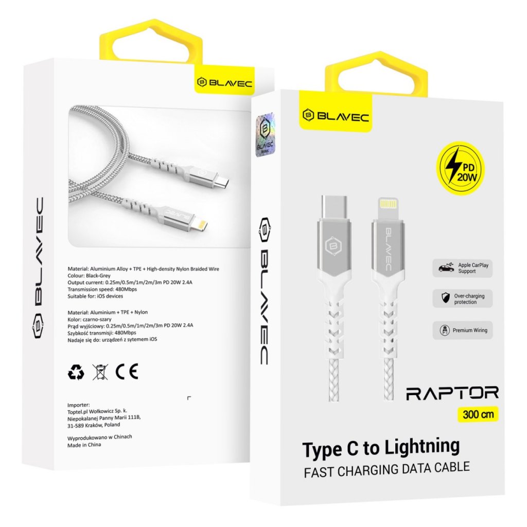 Dátový kábel Blavec Raptor Braided - Type C to Lightning - PD 20W 2,4A 3m (CRA-CL24WS30) bielo-strieborný