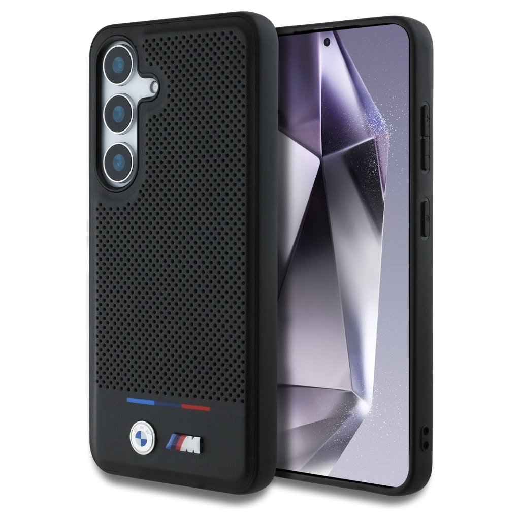 Originálny zadný kryt BMW Leather Tricolor Stripe MagSafe pre Samsung Galaxy S25 Plus čierny