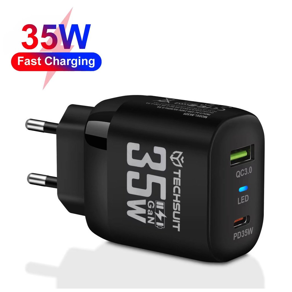 Nástenná nabíjačka Techsuit Premium CHPD174 GaN USB QC3.0 Type C PD35W čierna