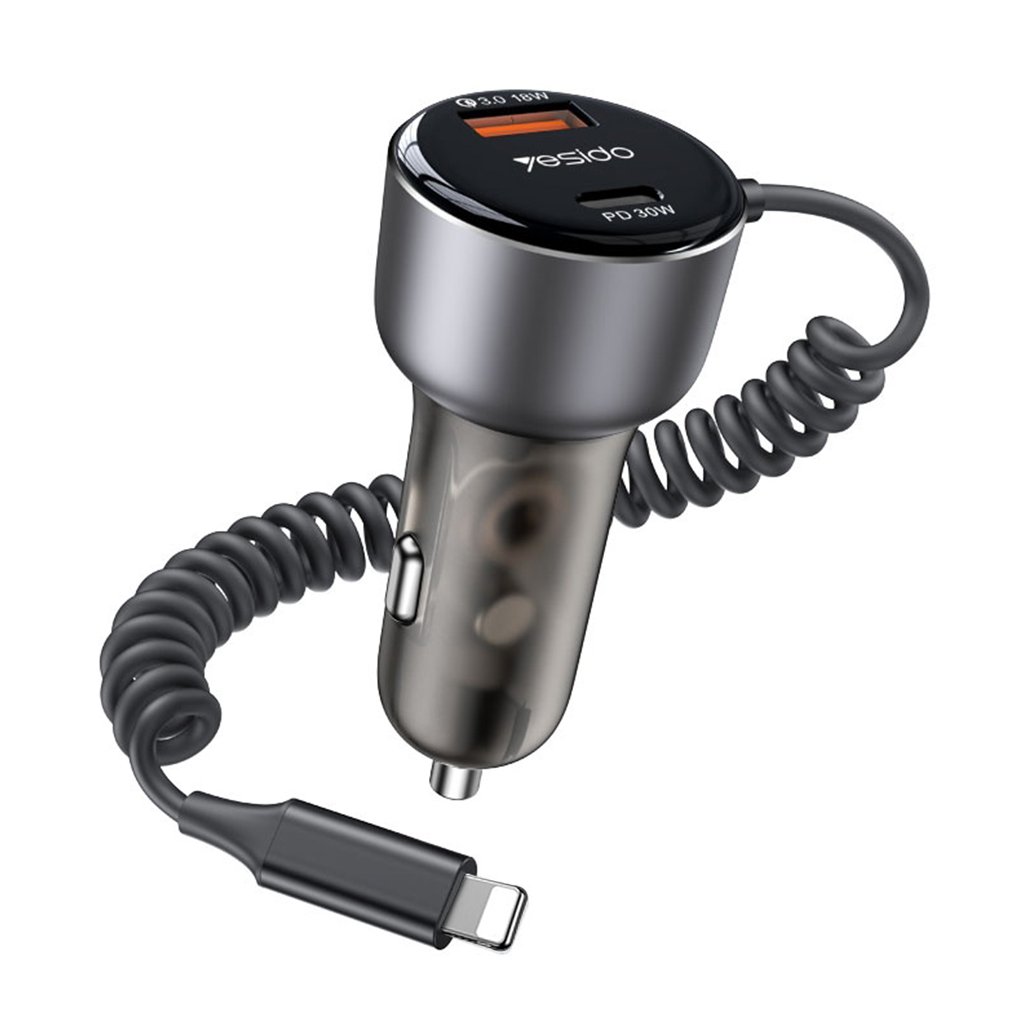 Yesido autonabíjačka Y57 s Lightning pružným káblom Type C USB A 50W rýchle nabíjanie čierna