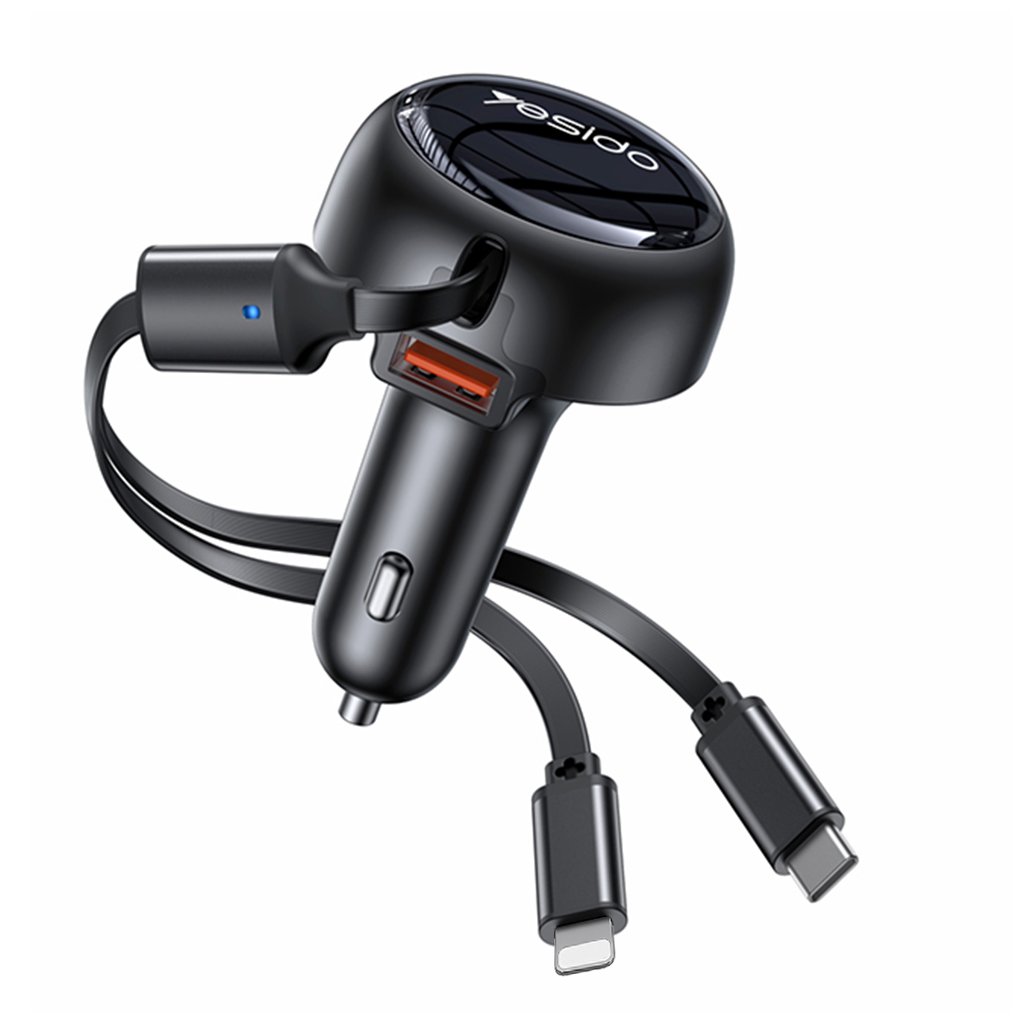Yesido autonabíjačka Y61 s 2x teleskopickým zaťahovacím káblom Type C Lightning rýchle nabíjanie USB A 53W čierna