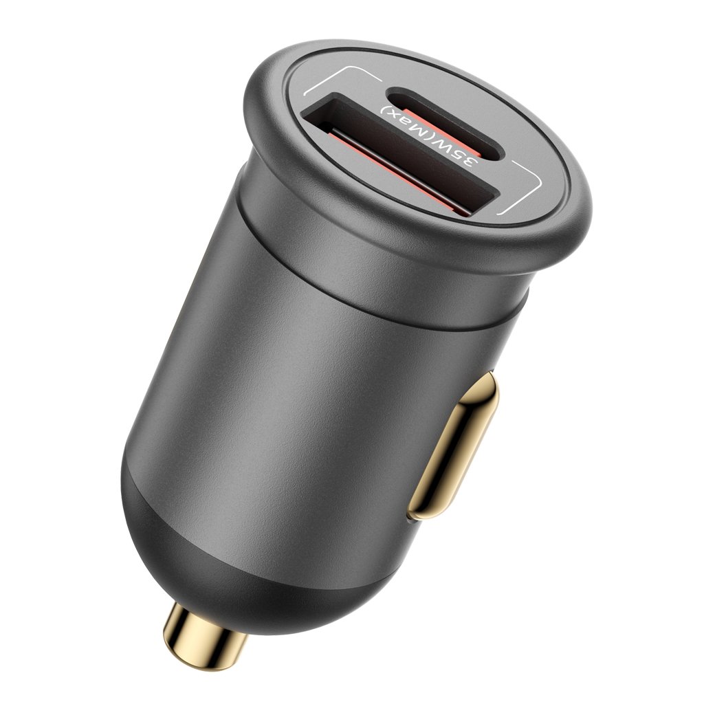 Blueo nabíjačka do auta 1x USB 1x TypeC 35W s ochranou matná sivá