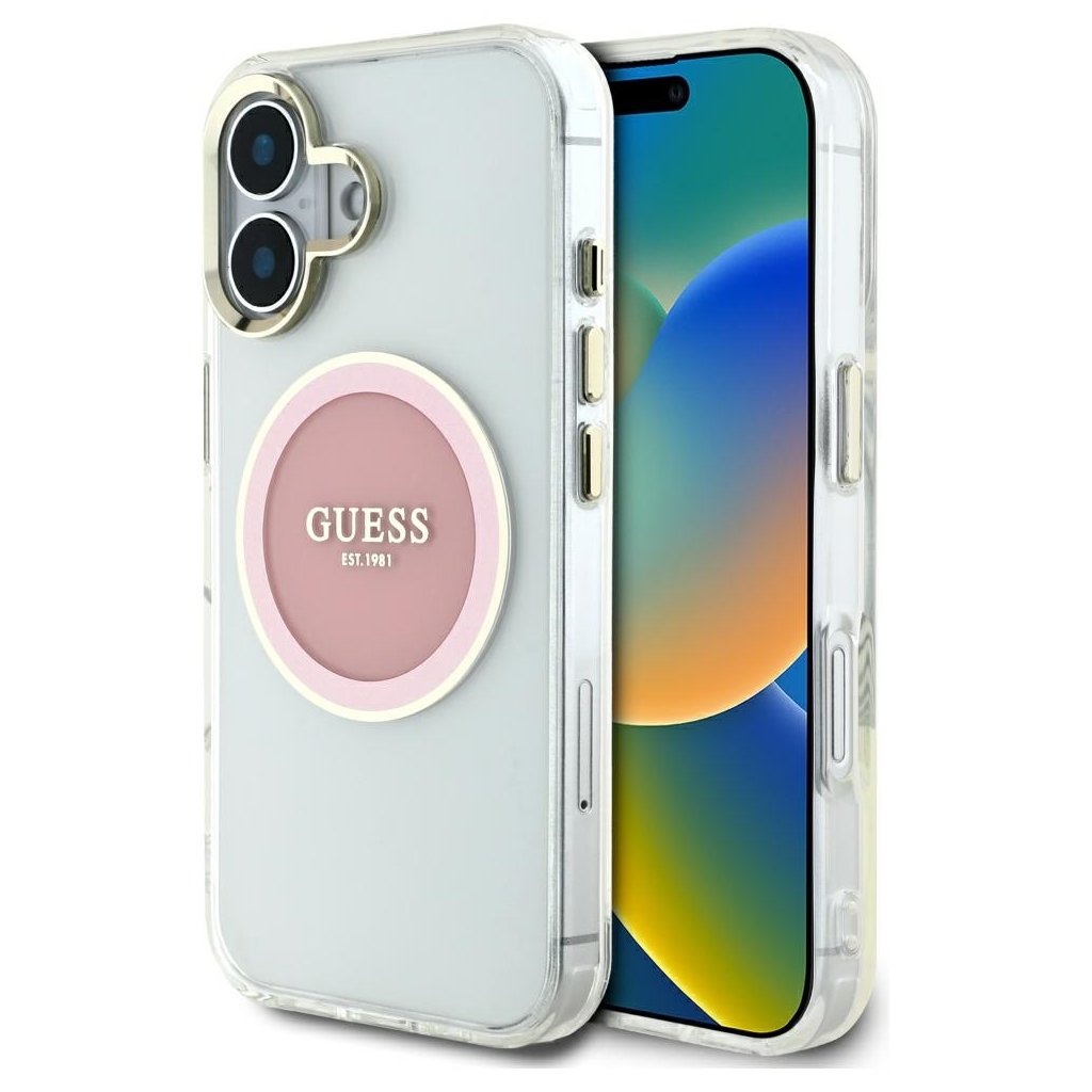 Guess IML Metal Colored Circle MagSafe Puzdro pre iPhone 16 ružová