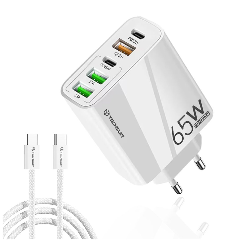 Nástenná nabíjačka Techsuit Premium PentaXPower 65W biela s káblom Type C