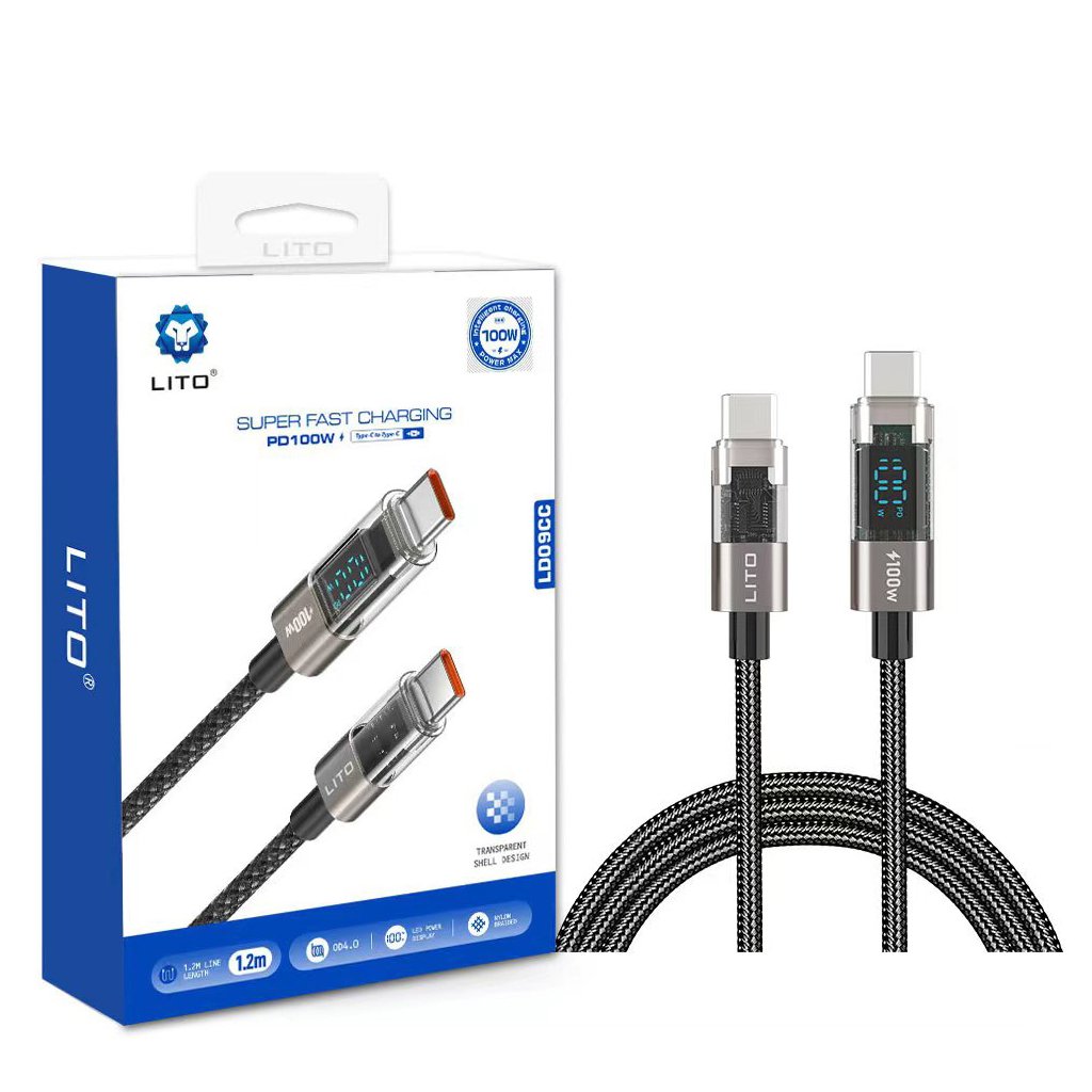 Lito Data Cable LD09CC Type-C na Type-C 100W rýchle nabíjanie LED displej 1.2m čierna
