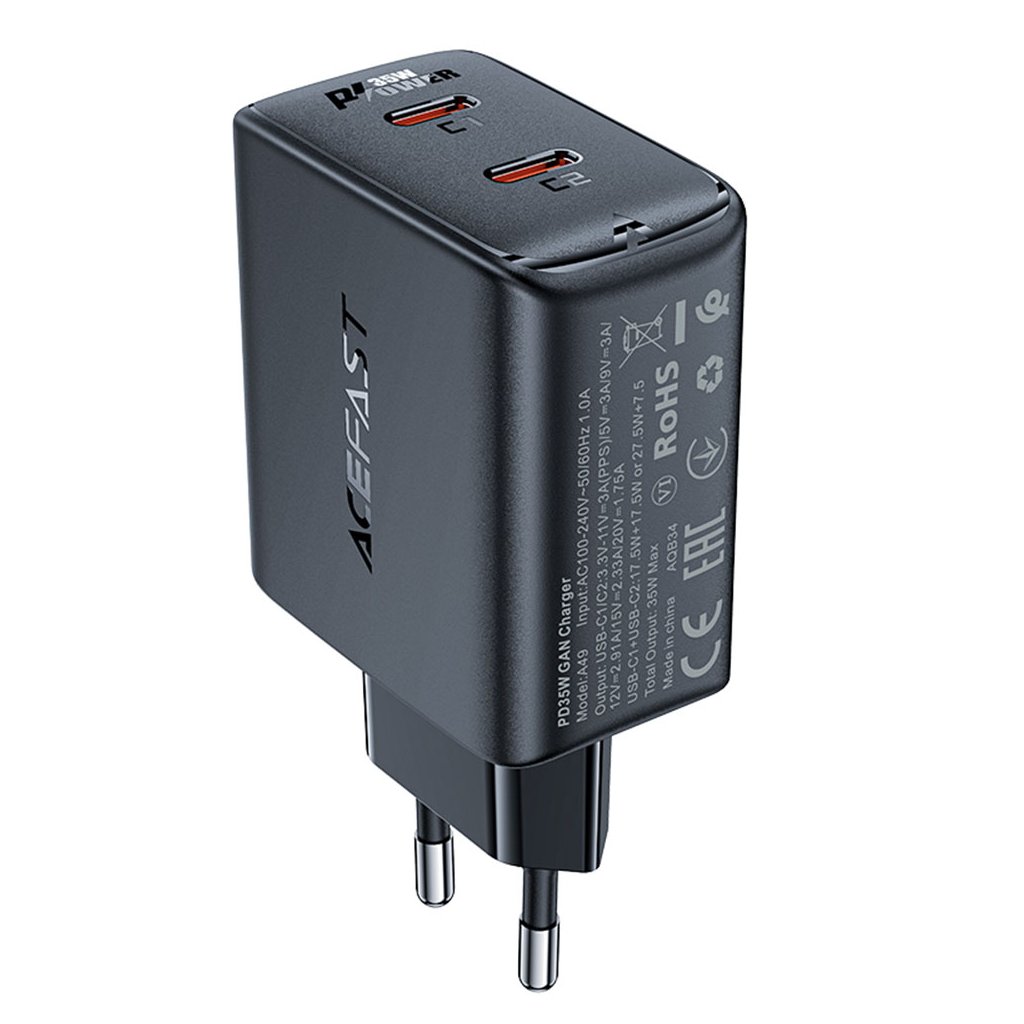 Acefast Wall Charger A49 2x Type-C univerzálna nabíjačka GaN PD35W čierna