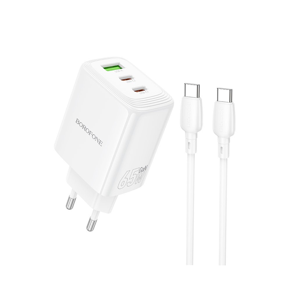 Nabíjačka Borofone BN32 Cargador GaN – USB + 2xType C – QC 3.0 PD 65W s Type C na Type C biela