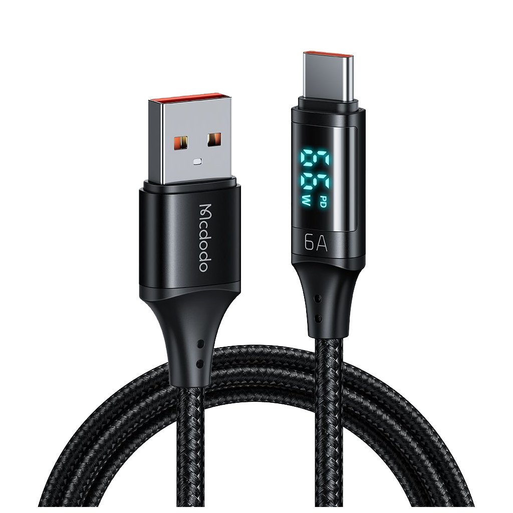Mcdodo – dátový kábel (CA-1080) – USB 2.0 na Type-C, s digitálnym displejom, nylonové opletenie, hliníková zliatina, 6A, 1,2m – čierny