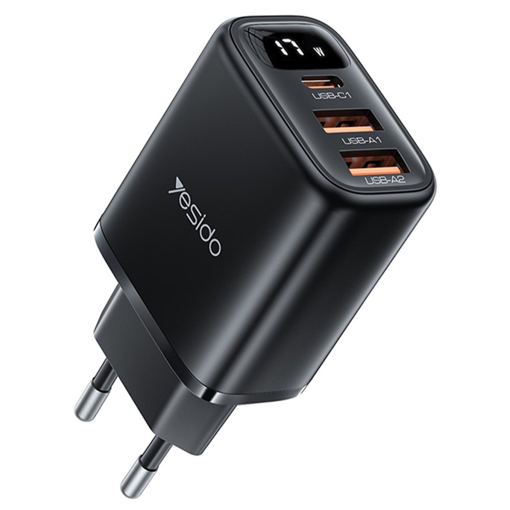 Yesido - nástenná nabíjačka (YC67) - s digitálnym displejom, rýchle nabíjanie, pre telefón, tablet, 3v1, 2x USB, Type-C, 17W - čierna
