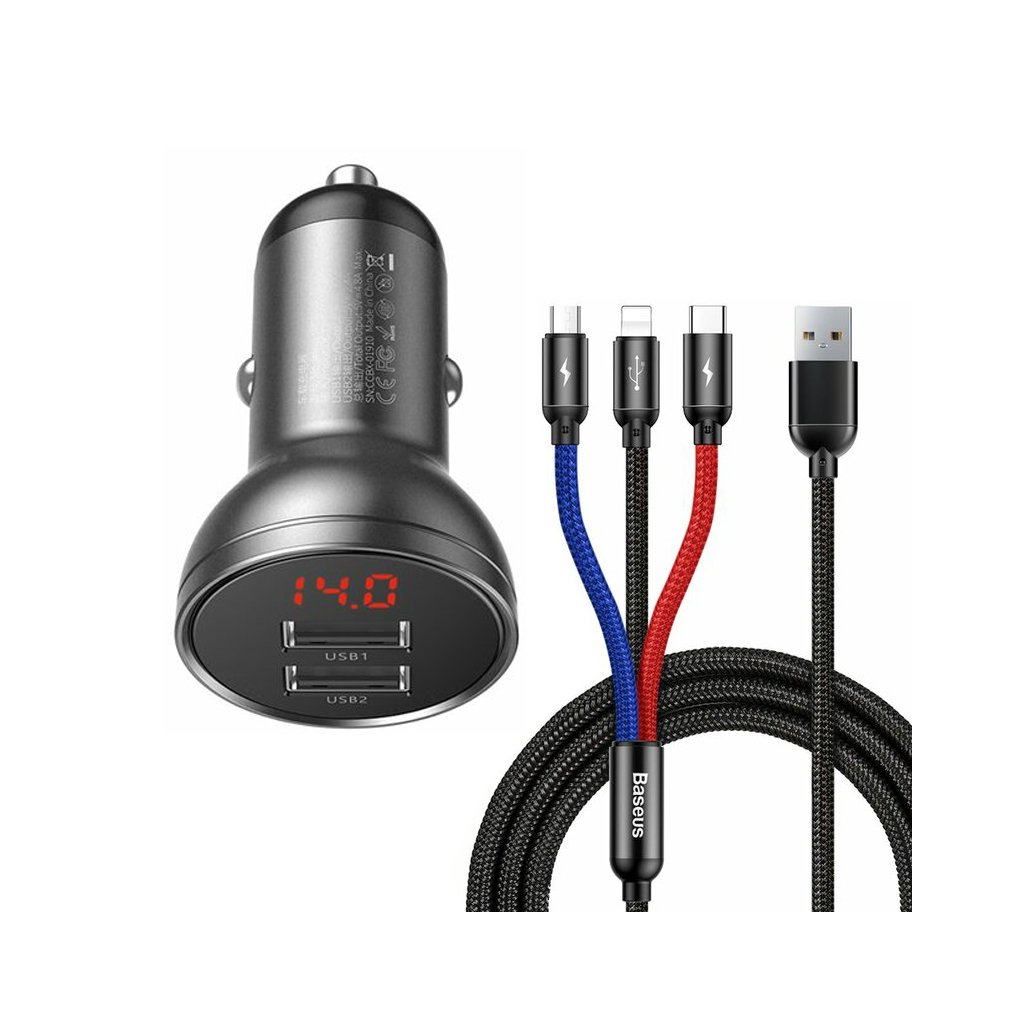 Baseus - nabíjačka do auta (TZCCBX-0G) - digitálny displej, 2x USB-A, 24W s káblom USB na Type-C, Lightning, Micro-USB - čierna