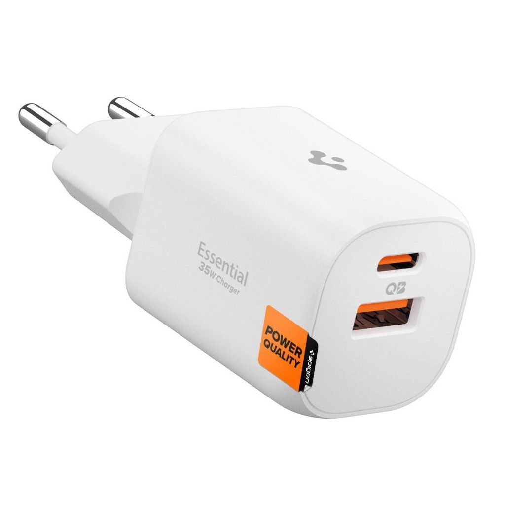 Spigen – nástenná nabíjačka Essential (EE352EU) – USB, Type-C, rýchle nabíjanie, Quantum Boost, 35W – biela