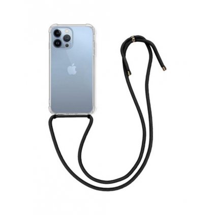 Zadný silikónový kryt na iPhone 13 Pro Max s čiernou šnúrkou priehľadný