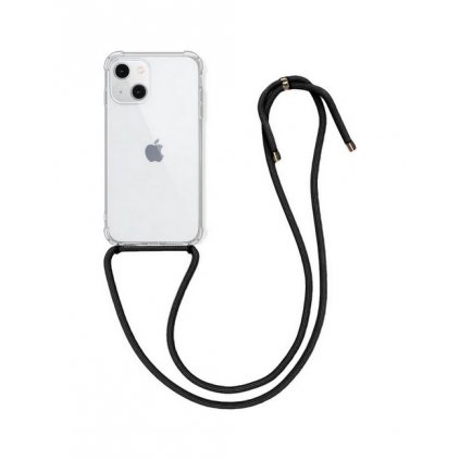 Zadný silikónový kryt na iPhone 13 mini s čiernou šnúrkou priehľadný