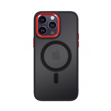 Zadný pevný kryt Magnetic Carbon na iPhone 12 Pro tmavý s červeným rámčekom