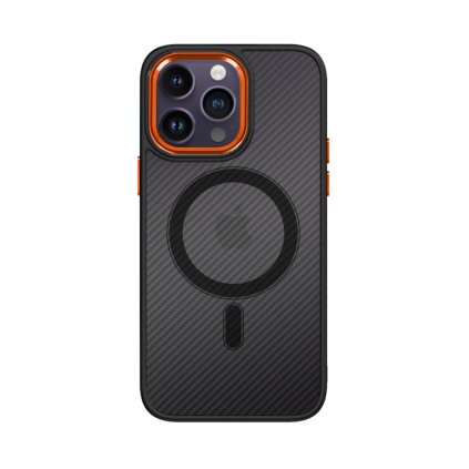 Zadný pevný kryt Magnetic Carbon na iPhone 12 Pro tmavý s oranžovým rámčekom