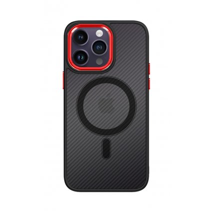 Zadný pevný kryt Magnetic Carbon na iPhone 14 Pro Max tmavý s červeným rámčekom
