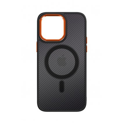Zadný pevný kryt Magnetic Carbon na iPhone 14 tmavý s oranžovým rámčekom