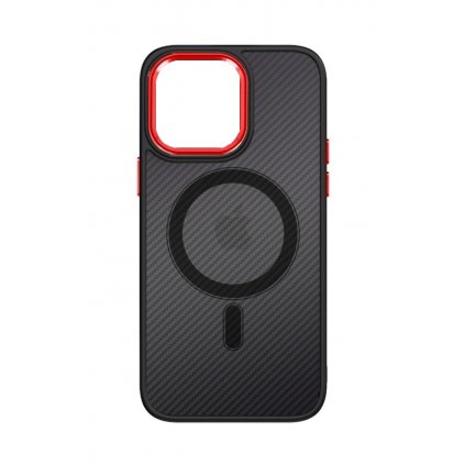 Zadný pevný kryt Magnetic Carbon na iPhone 14 tmavý s červeným rámčekom