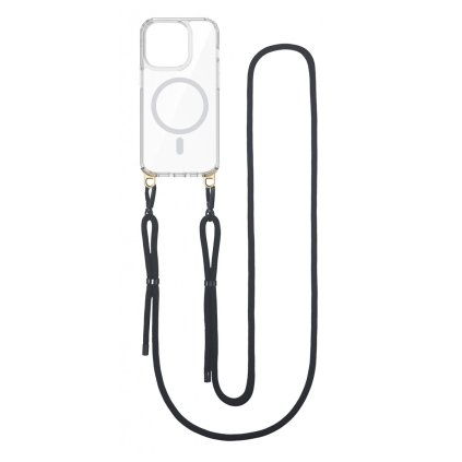 Zadný pevný kryt Strap Mag na iPhone 15 Pro Max s čiernou šnúrkou priehľadný