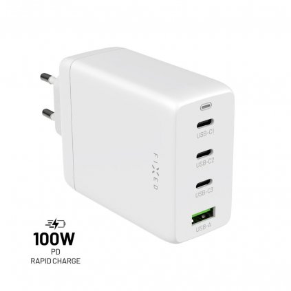 Sieťová nabíjačka FIXED GaN s výstupom 3xUSB-C a USB podpora PD 3.0 100 W biela