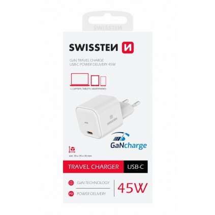 Cestovný adaptér Swissten Gan 1x USB-C s rýchlym nabíjaním 45W biely