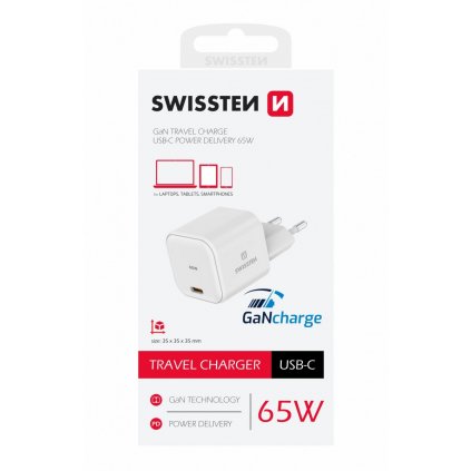 Cestovný adaptér Swissten Gan 1xUSB-C s funkciou rýchleho nabíjania 65W biely