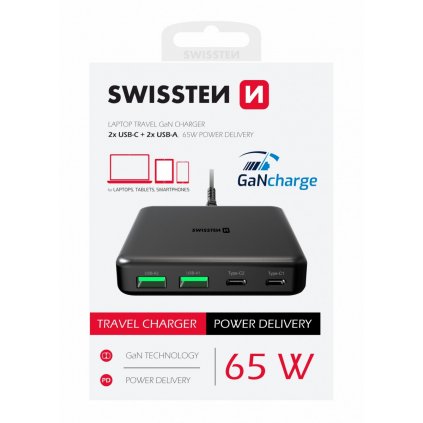 Adaptér Swissten mini desktop gan s funkciou rýchleho nabíjania 65W čierny