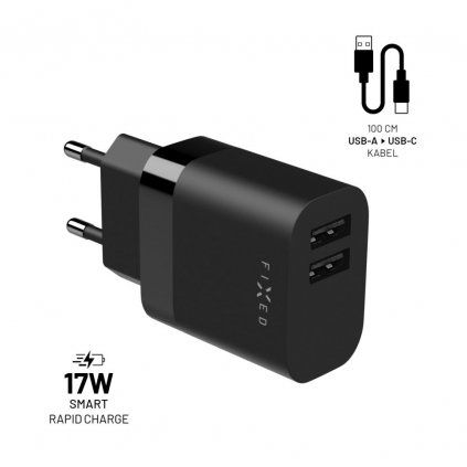 Nabíjacia súprava FIXED s výstupom 2xUSB a káblom USB/USB-C, 1 meter, 17W Smart Rapid Charge, čierna