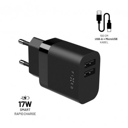 Nabíjačka FIXED s výstupom 2xUSB a káblom USB/micro USB, 1 meter, 17W Smart Rapid Charge, čierna