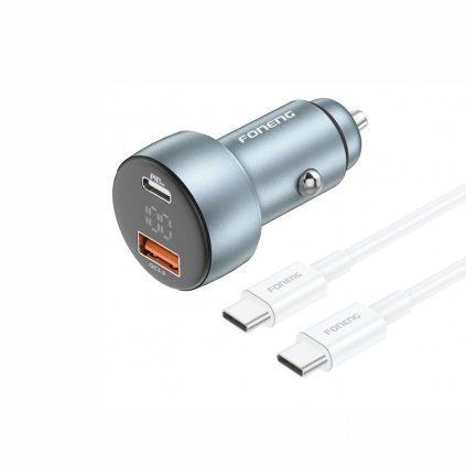 Rýchla nabíjačka do auta Foneng C18 - USB + Type-C - 3A s káblom Type-C na Type-C 30W sivá