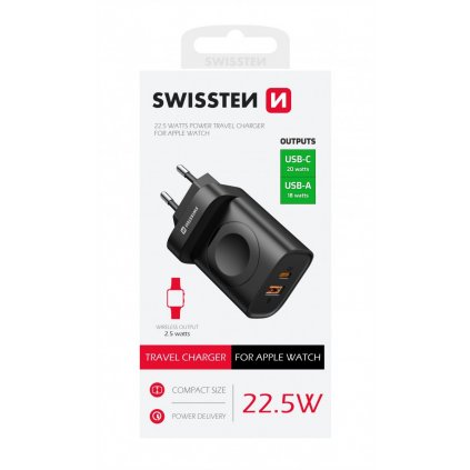 Adaptér Swissten s funkciou rýchleho nabíjania 1x USB-A 1x USB-C a Apple Watch 20W čierny