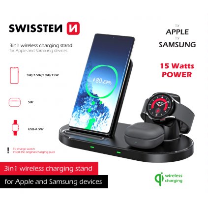 Bezdrôtová nabíjačka Swissten 3v1 so stojanom pre Apple a Samsung čierna