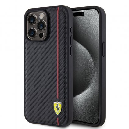 Zadný kryt Ferrari PU Leather Carbon Vertical Red Line pre iPhone 15 Pro Max Black