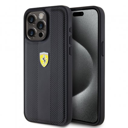 Zadný kryt Ferrari PU Leather Hot Stamp Groove Pattern pre iPhone 15 Pro Max Black