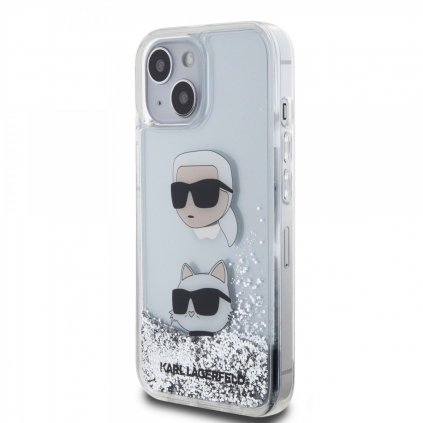 Zadný kryt Karl Lagerfeld Liquid Glitter Karl and Choupette Head pre iPhone 15 Silver